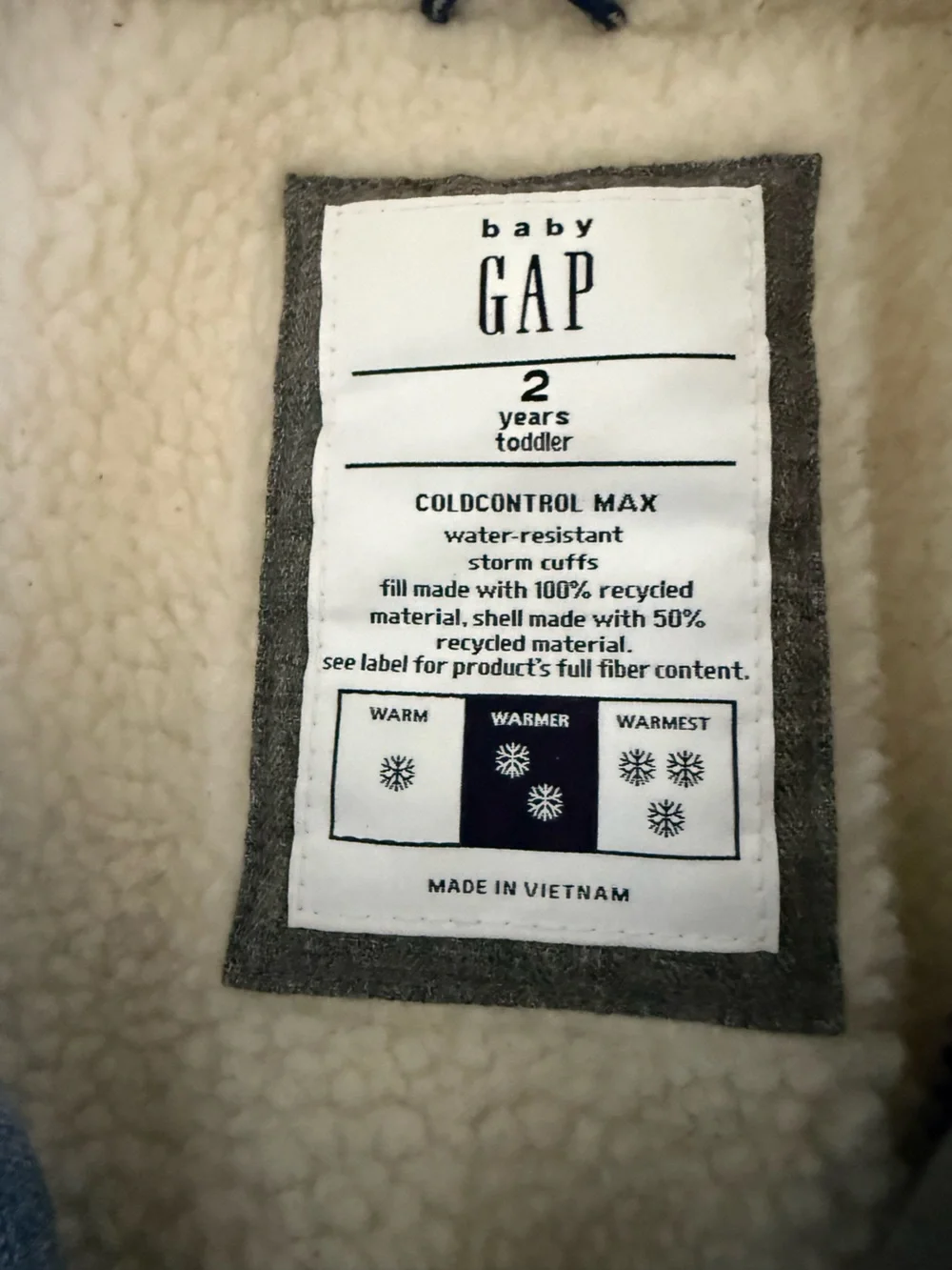 Baby Gap Toddler ColdControl Max Sherpa Puffer Boys Jacket Gray 2T